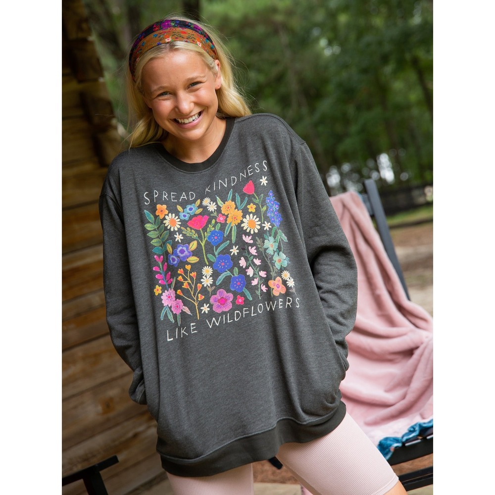 Natural Life Wildflower Crewneck Sweatshirt Size L Charcoal Grey Pocket Pullover